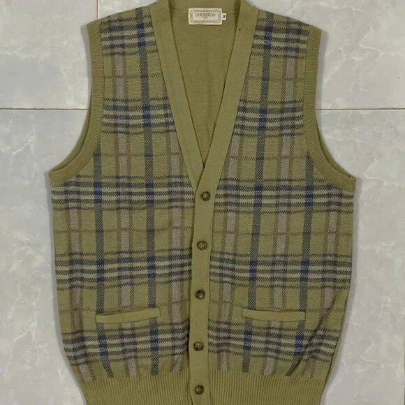 Sweaters - Vintage Plaid Knit Sweater Vest Olive Green